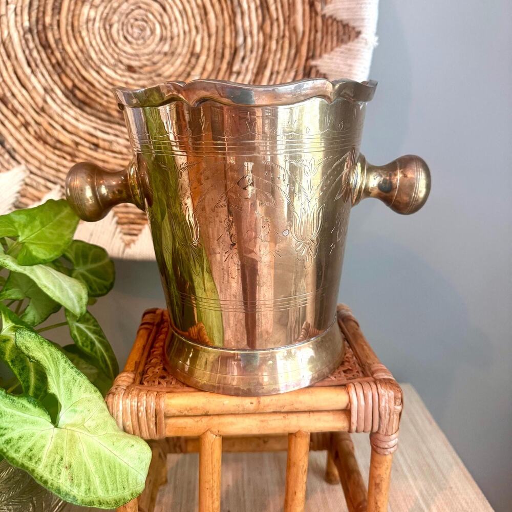 Vintage Scalloped Patina Brass Ice Bucket, Wine Chiller, Cachepot, Barcart Decor